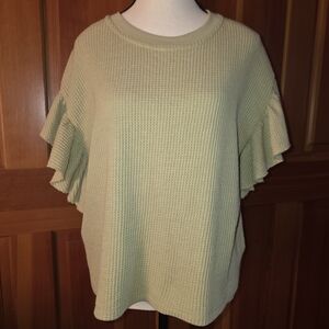 Leela And Lavendar Waffle Knit Flutter Sleeve Boxy Shirt Size Small Green
